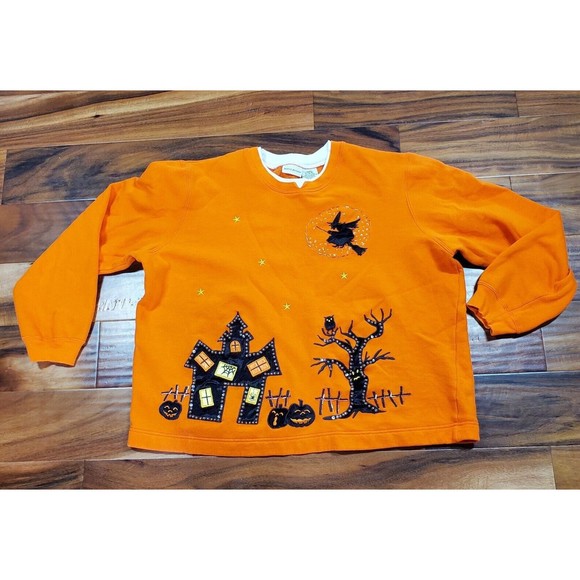 Vintage Ugly Halloween Sweatshirt Witch Pumpkin Spooky Orange Womens Sz XL 14-16 - Picture 1 of 11